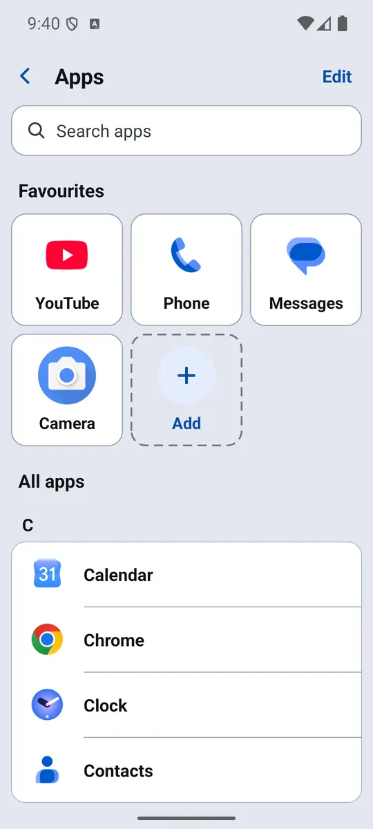 Apps list with favourites and search