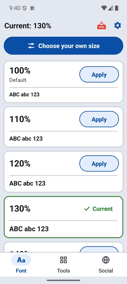 Big Font main screen listing text sizes from 100% upwards