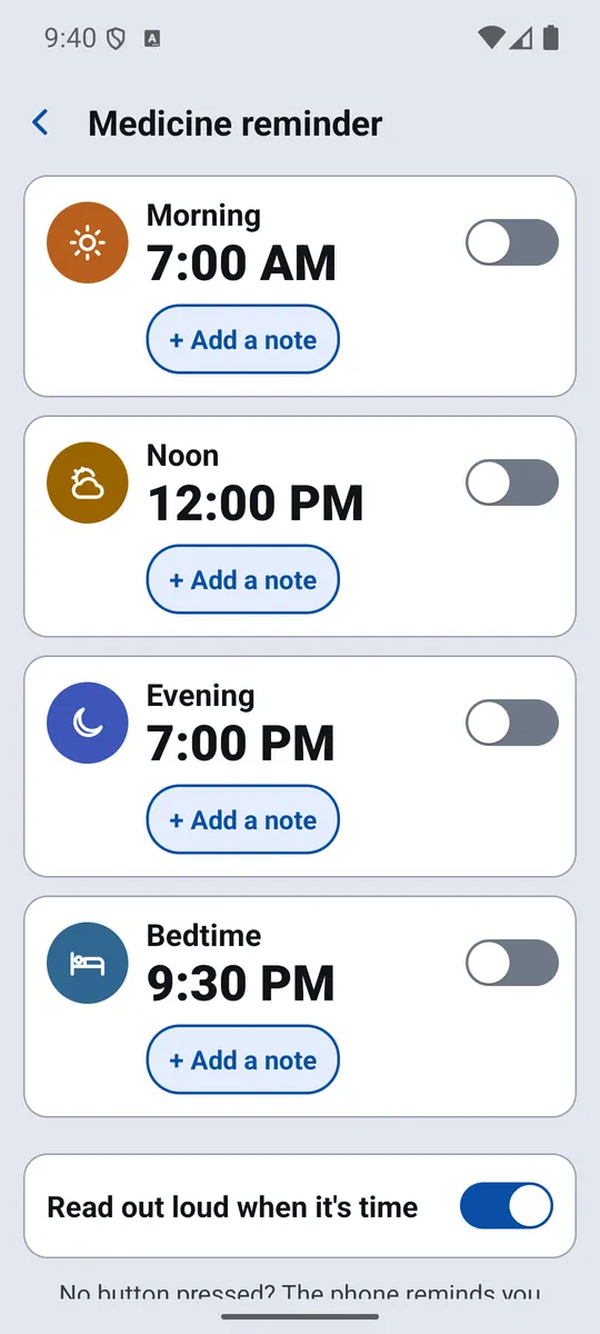 Medicine reminder with morning, noon, evening and bedtime times