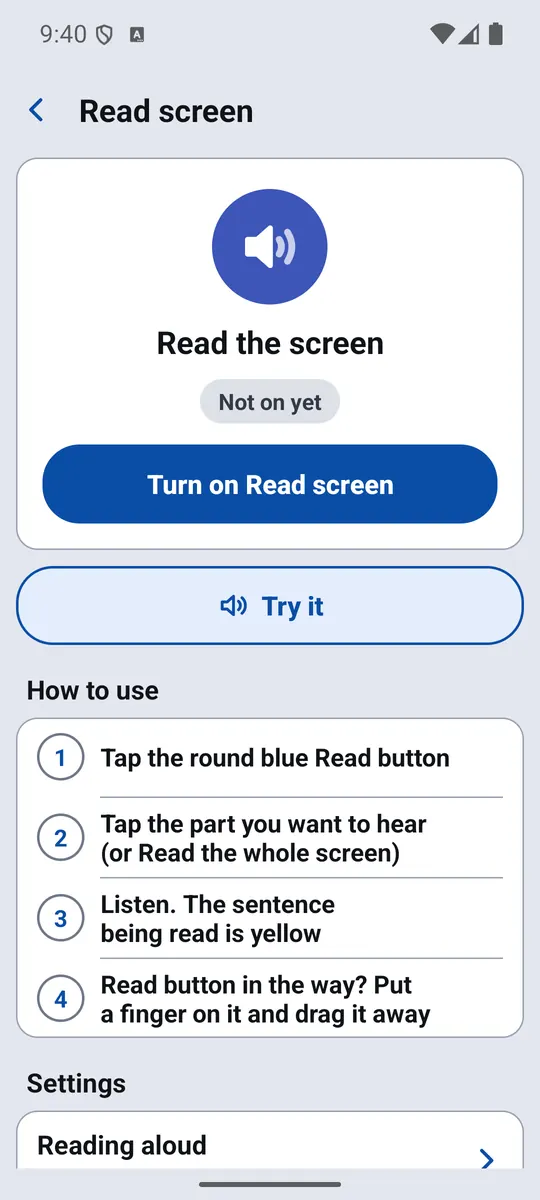 Read screen tool with a Turn on button and how-to steps