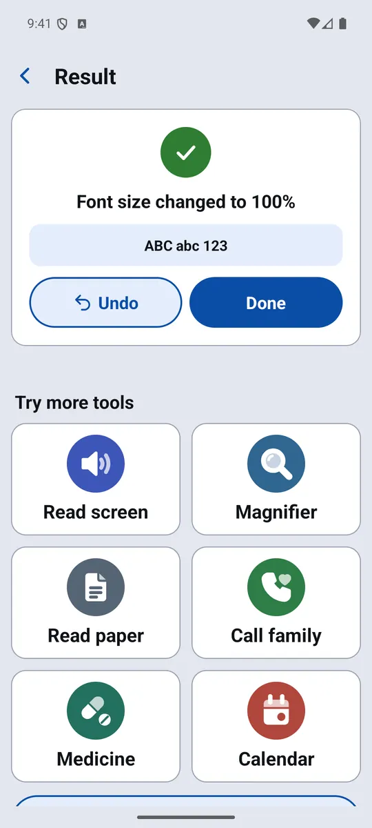 Result screen: font size changed, with Undo and Done