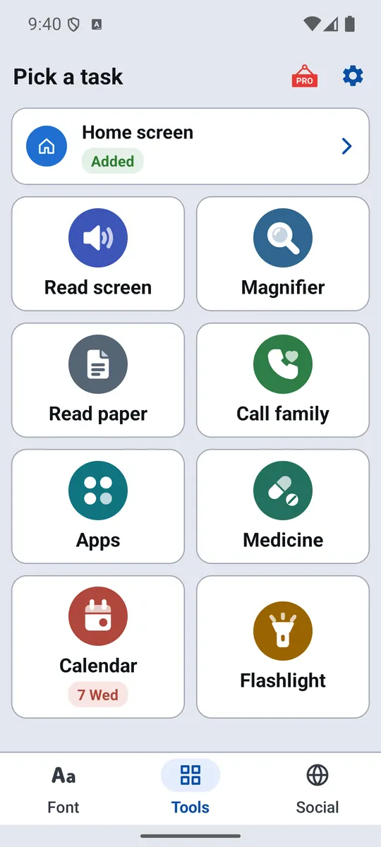 Big Font Tools tab with eight large tool buttons