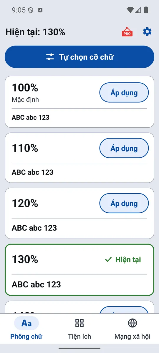 Màn hình chính Big Font liệt kê các cỡ chữ từ 100% trở lên