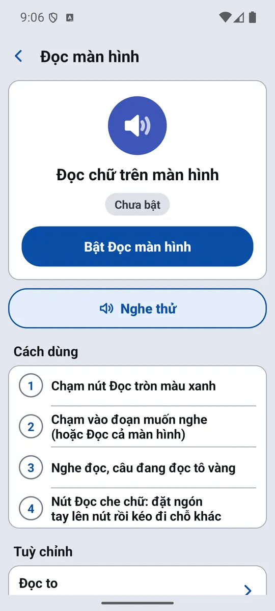 Tiện ích Đọc màn hình với nút Bật và các bước sử dụng